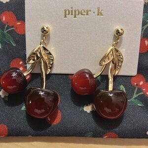 Piper k Two Set of 2! Gold Tone Cherry Earrings NWT IN a cute NEW cherry pouch